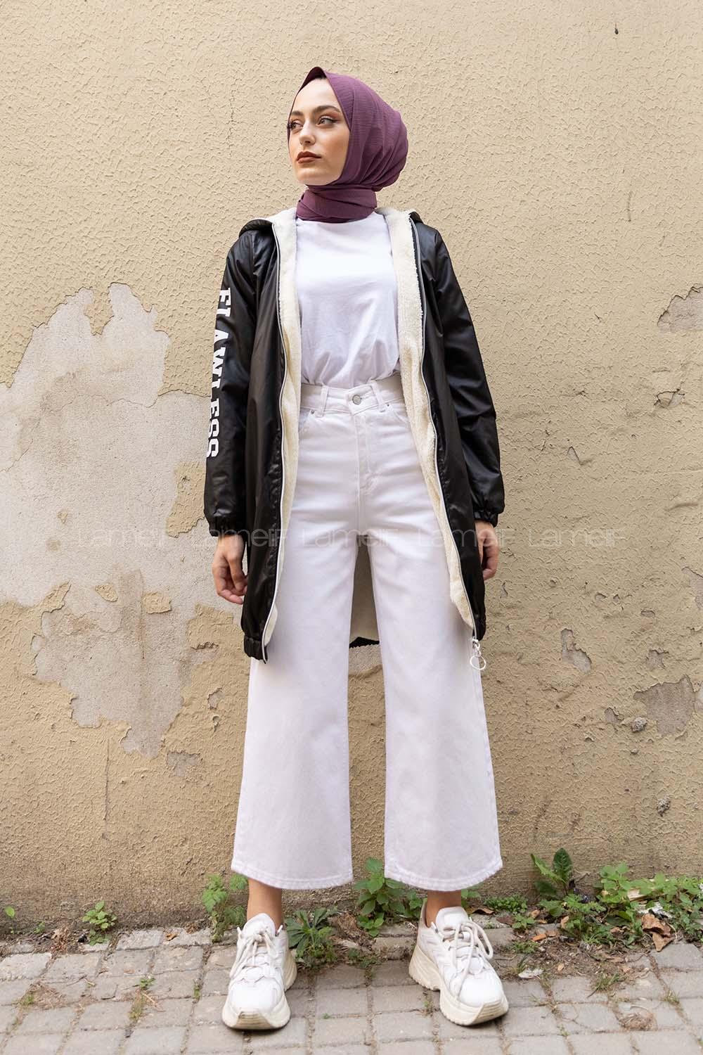 Modalamelif İçi Kürklü Kapşonlu Mont Siyah