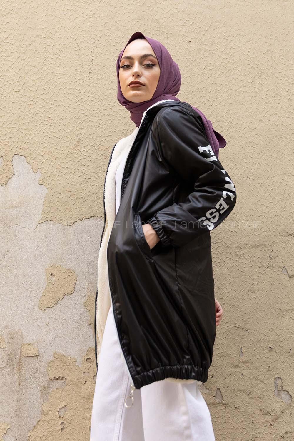 Modalamelif İçi Kürklü Kapşonlu Mont Siyah