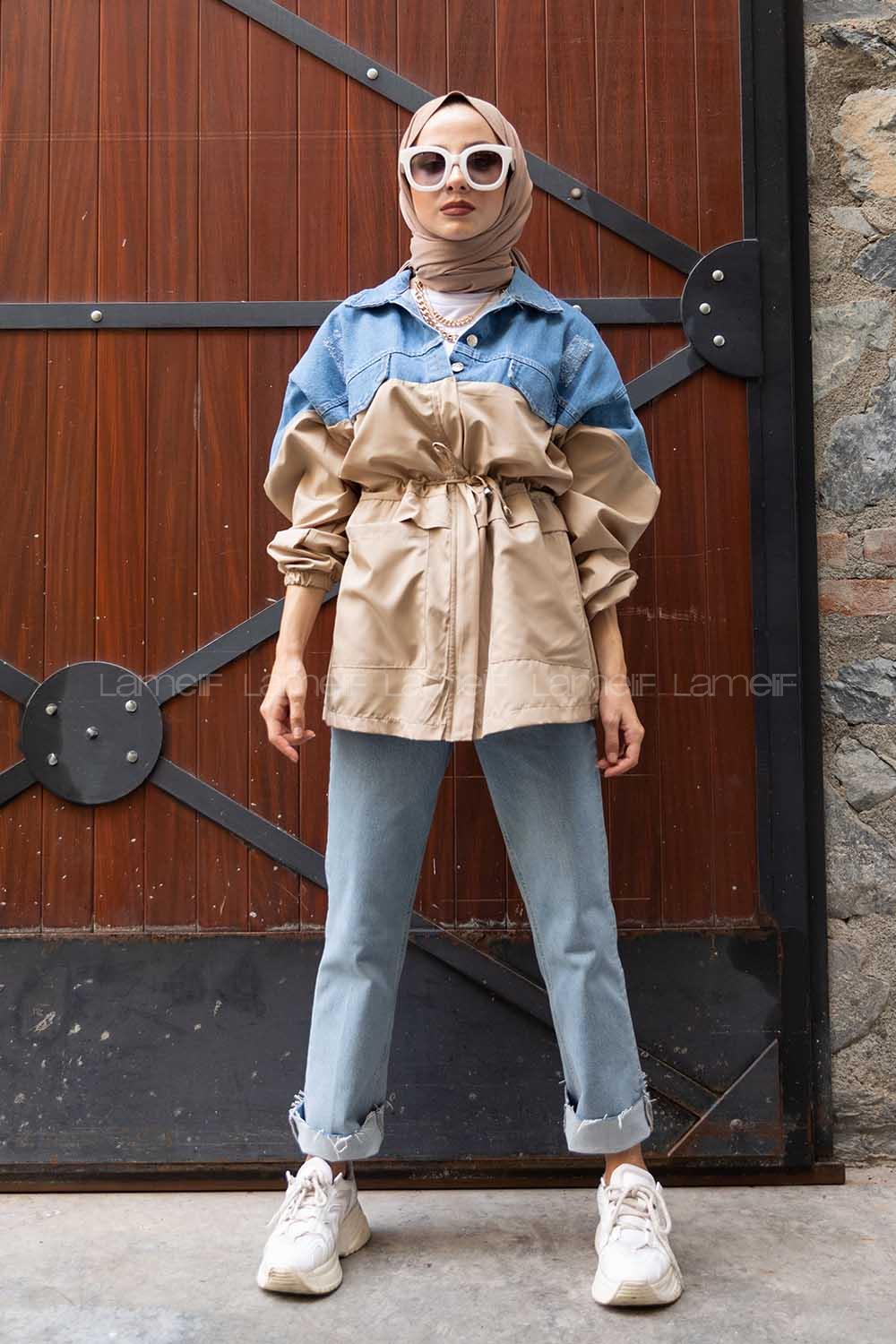 Modalamelif Kapak Cepli Garnili Kot Ceket Taş Rengi