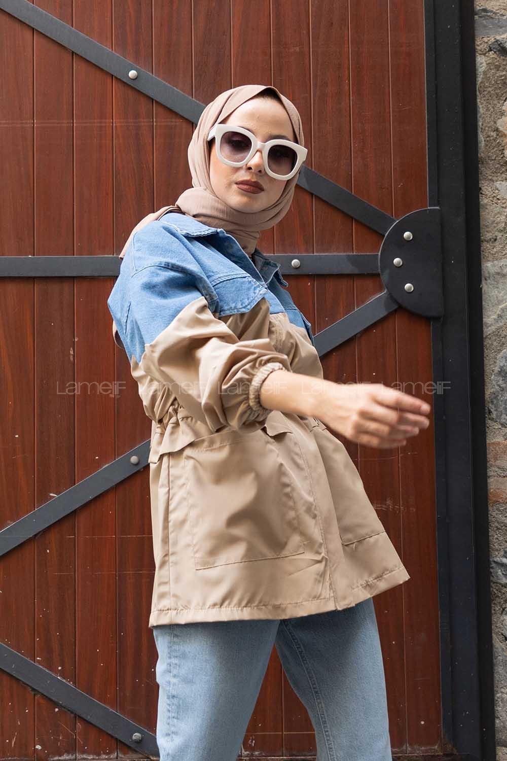 Modalamelif Kapak Cepli Garnili Kot Ceket Taş Rengi