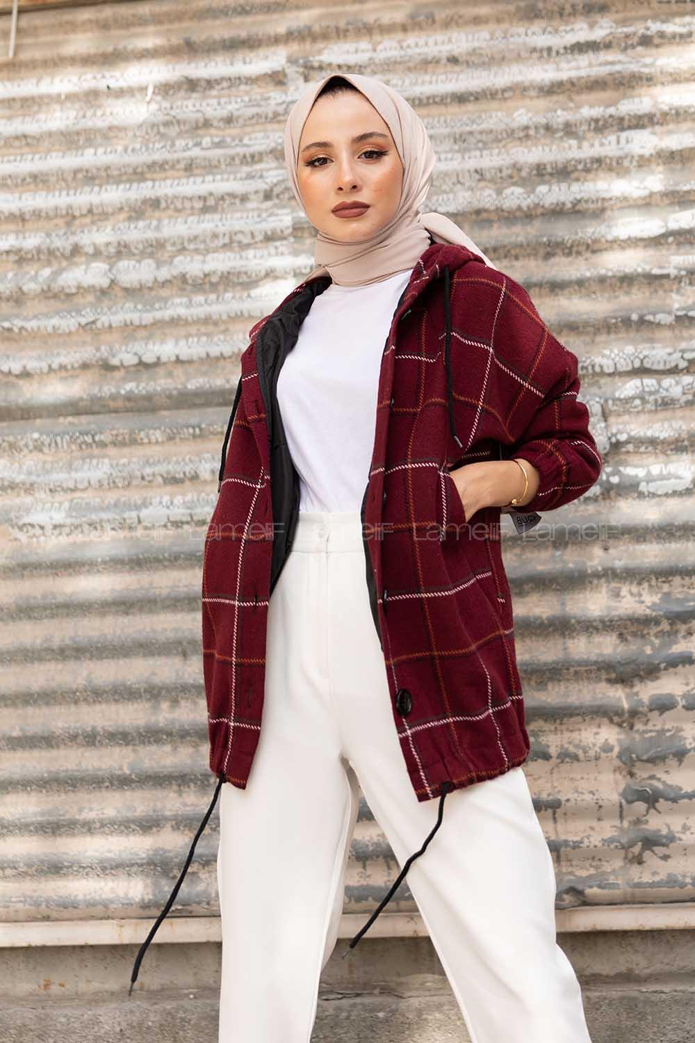 Modalamelif Kol Lastikli Ekose Desen Ceket Bordo