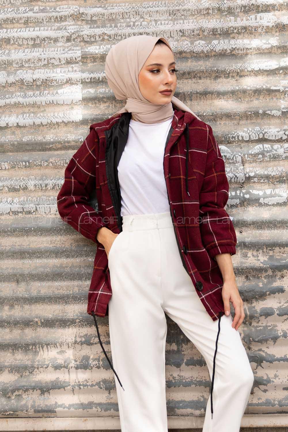 Modalamelif Kol Lastikli Ekose Desen Ceket Bordo