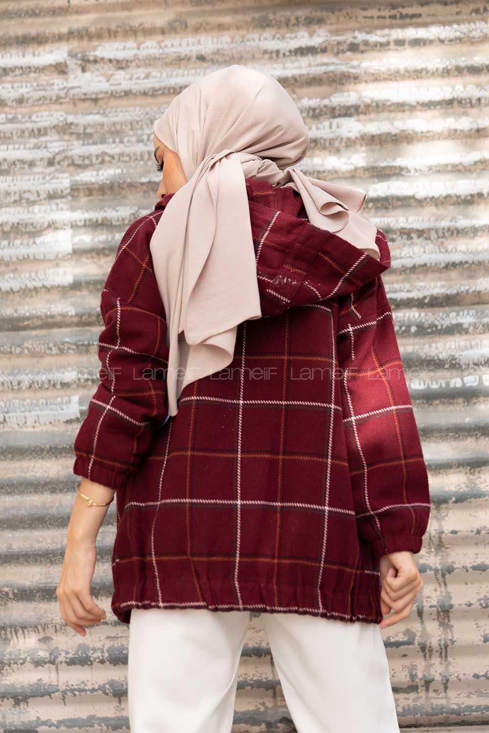 Modalamelif Kol Lastikli Ekose Desen Ceket Bordo