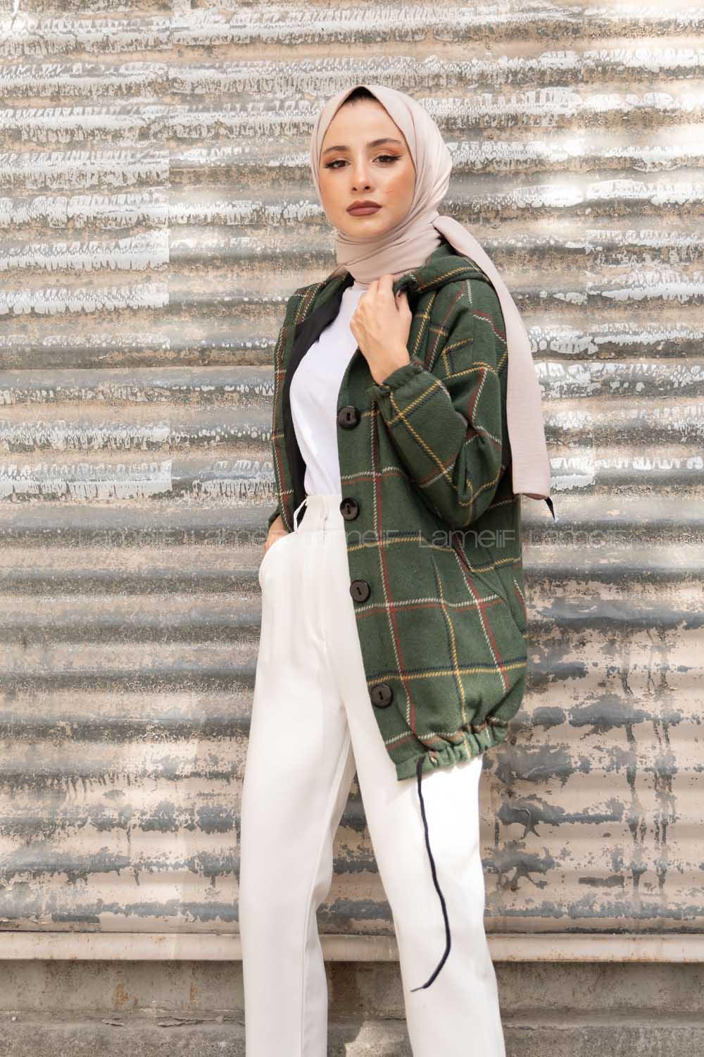 Modalamelif Kol Lastikli Ekose Desen Ceket Haki