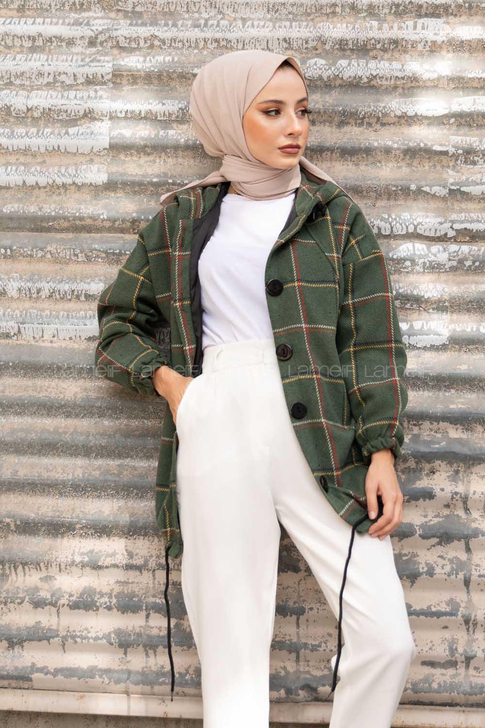 Modalamelif Kol Lastikli Ekose Desen Ceket Haki