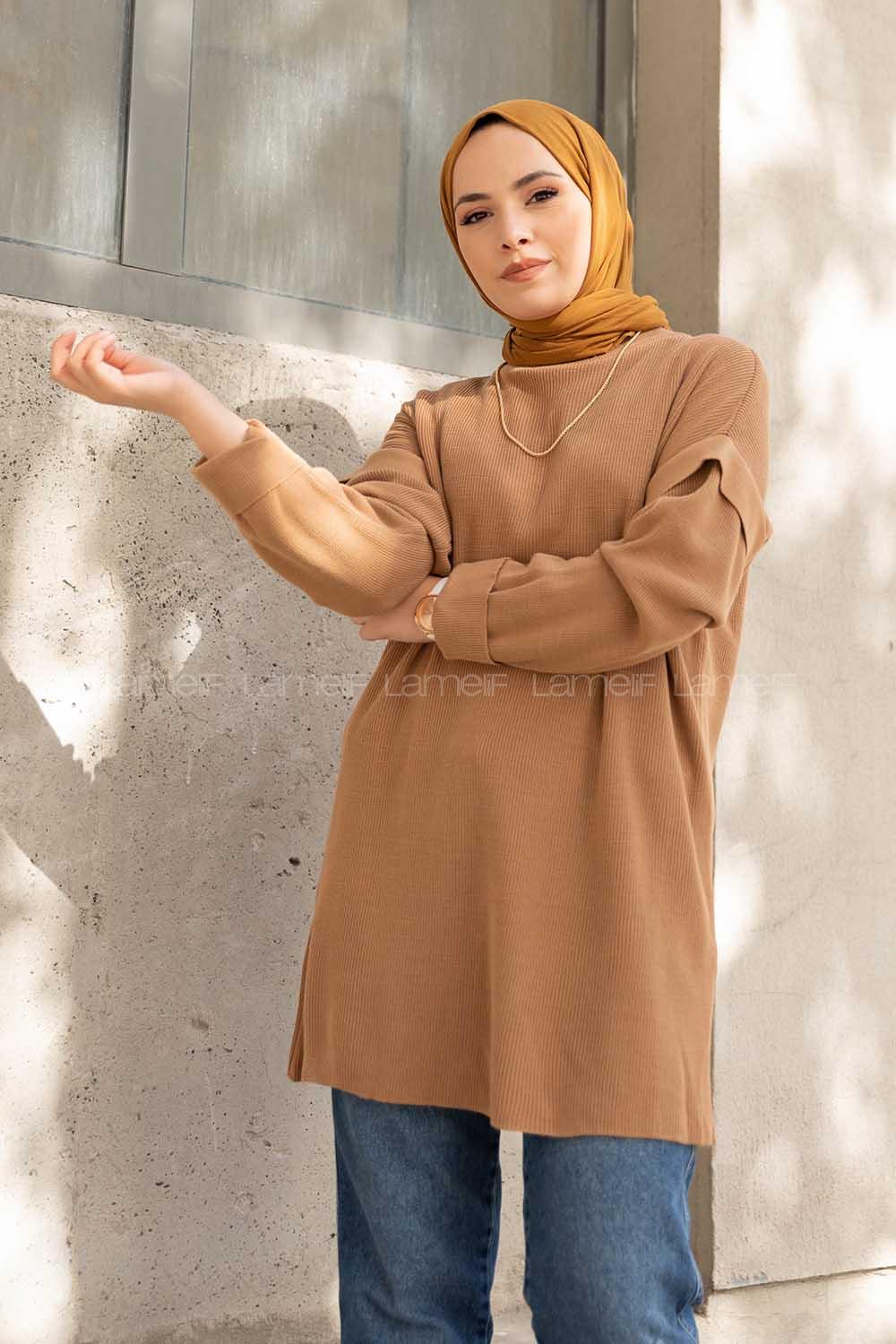 Modalamelif Kolu Volanlı Triko Tunik Sütlü Kahve