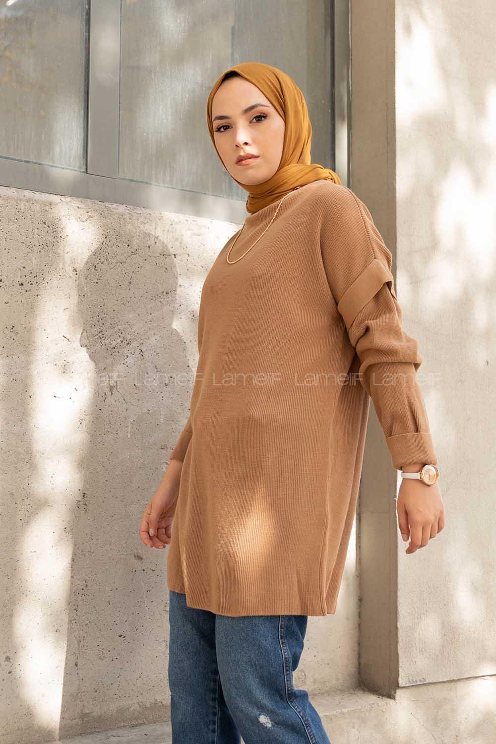 Modalamelif Kolu Volanlı Triko Tunik Sütlü Kahve