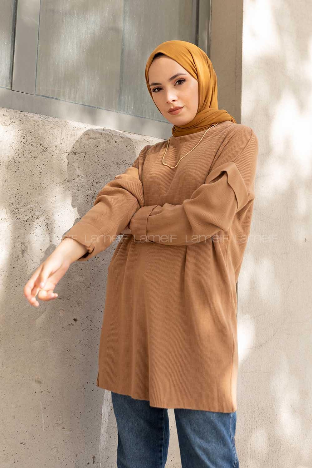 Modalamelif Kolu Volanlı Triko Tunik Sütlü Kahve