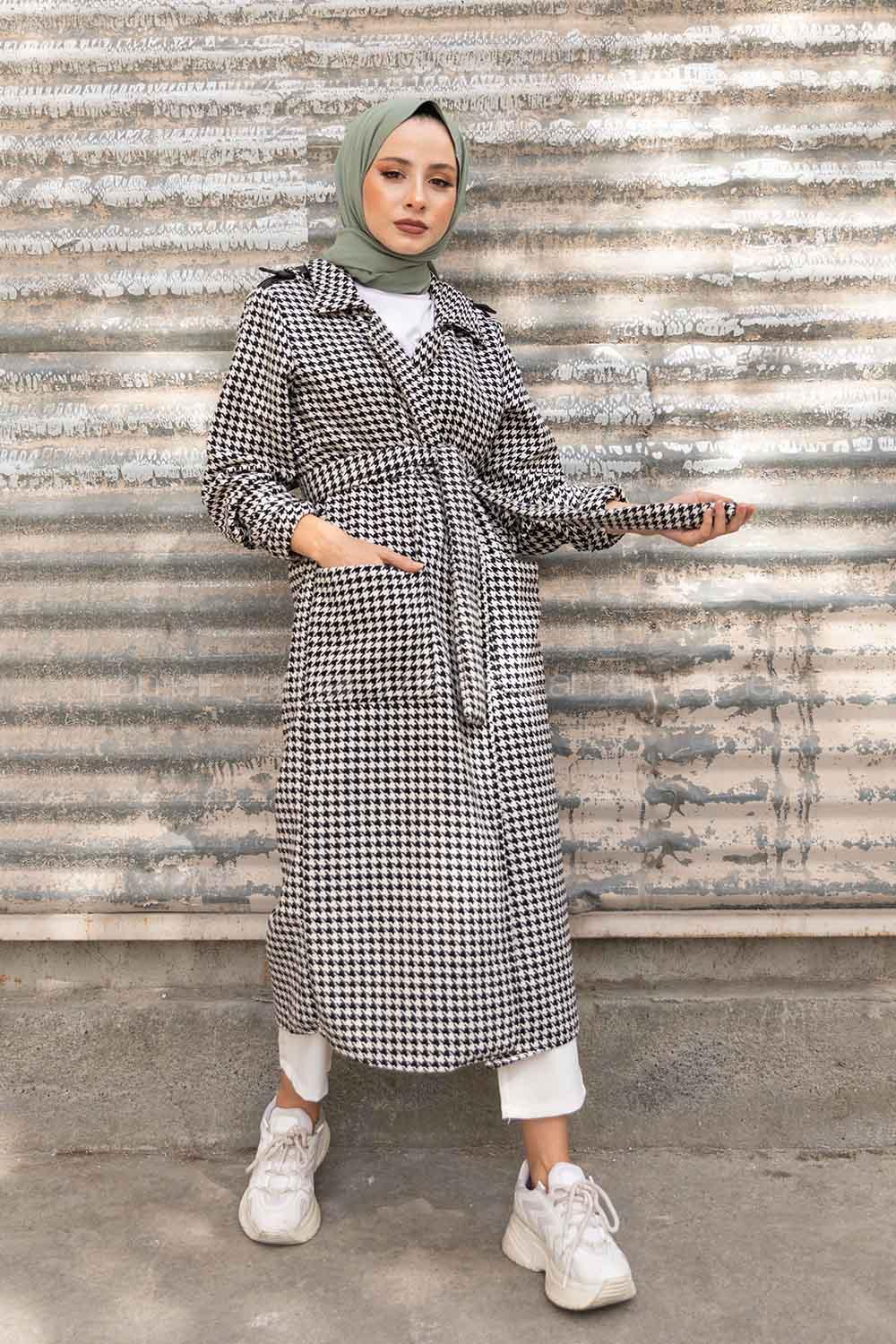 Modalamelif Kuşaklı Kazayağı Desen Kaban Siyah