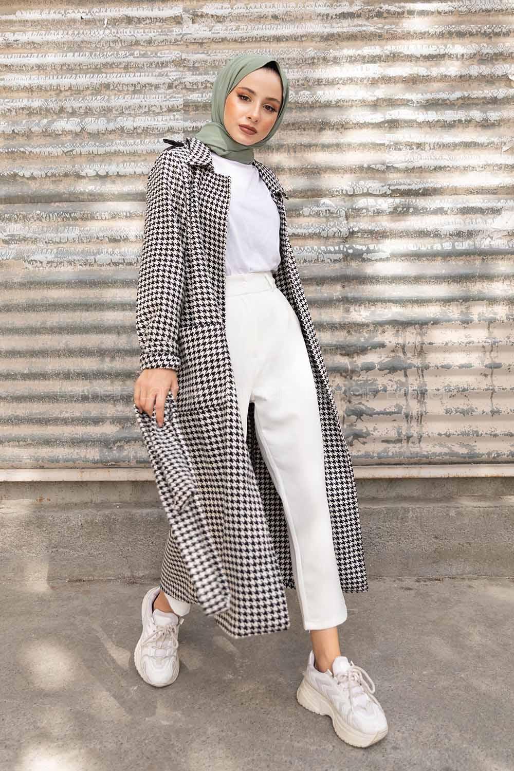 Modalamelif Kuşaklı Kazayağı Desen Kaban Siyah