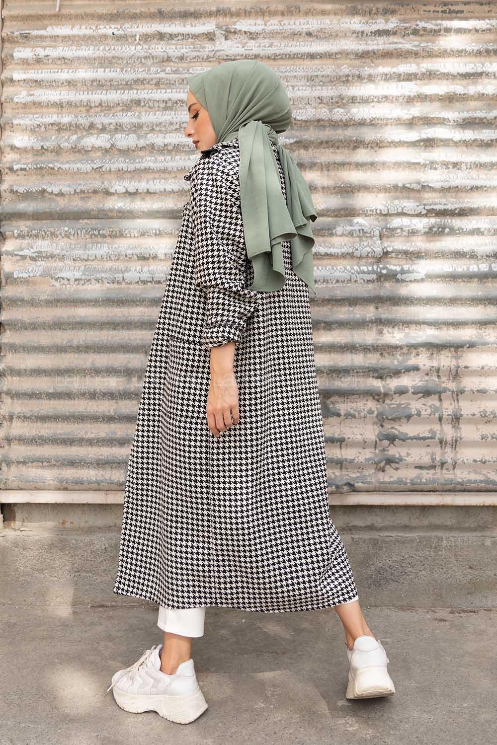 Modalamelif Kuşaklı Kazayağı Desen Kaban Siyah