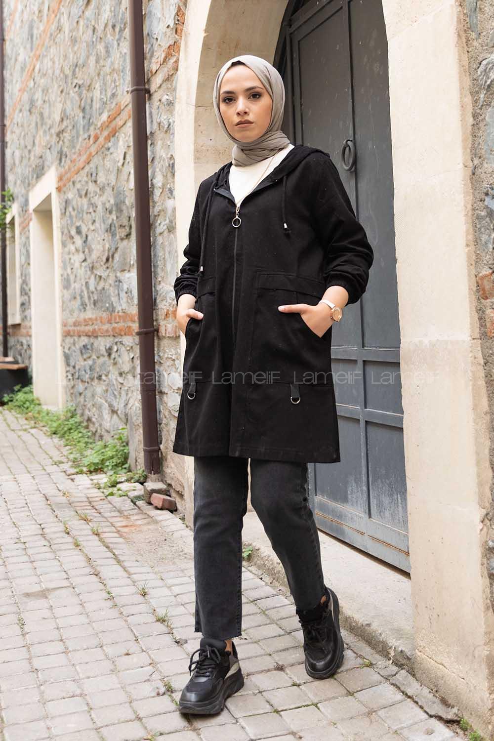 Modalamelif Önü Fermuarlı Gabardin Kap Siyah