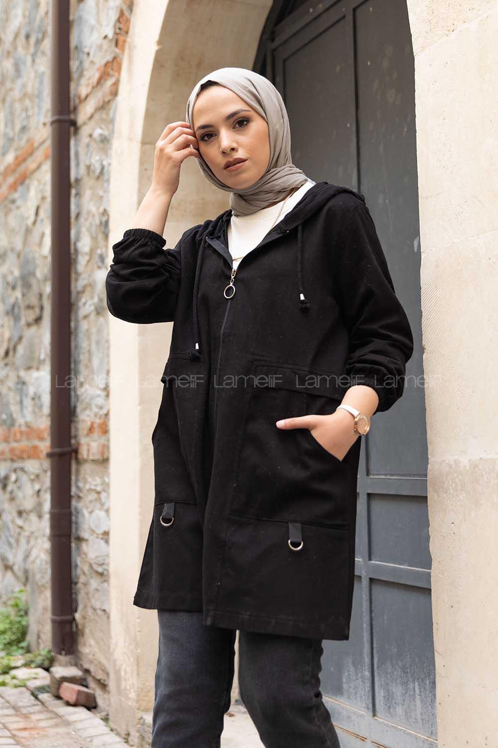 Modalamelif Önü Fermuarlı Gabardin Kap Siyah