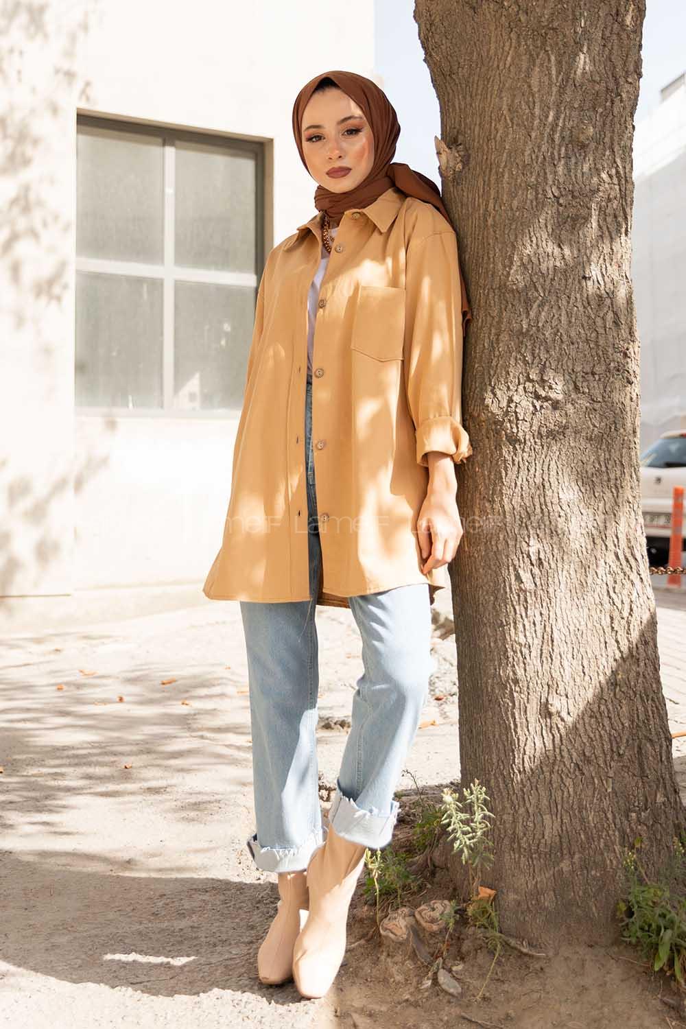 Camel Shirt Collar Long Arm Cotton Fabric Unprinted Shirt