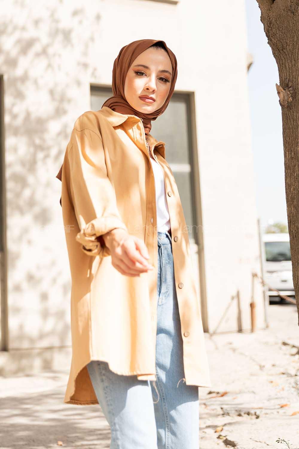 Camel Shirt Collar Long Arm Cotton Fabric Unprinted Shirt