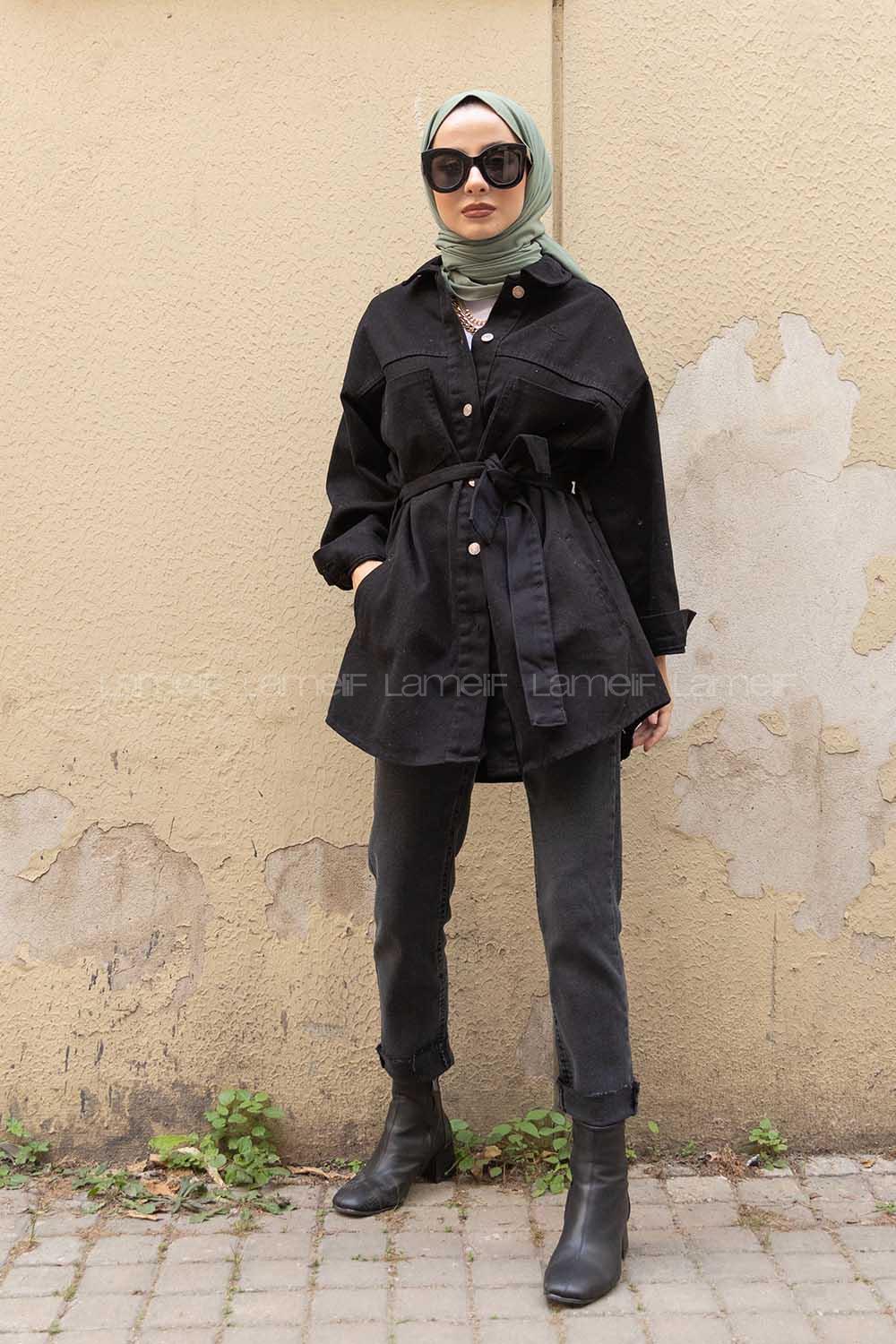 Modalamelif Yan Cep Kuşaklı Kot Ceket Siyah