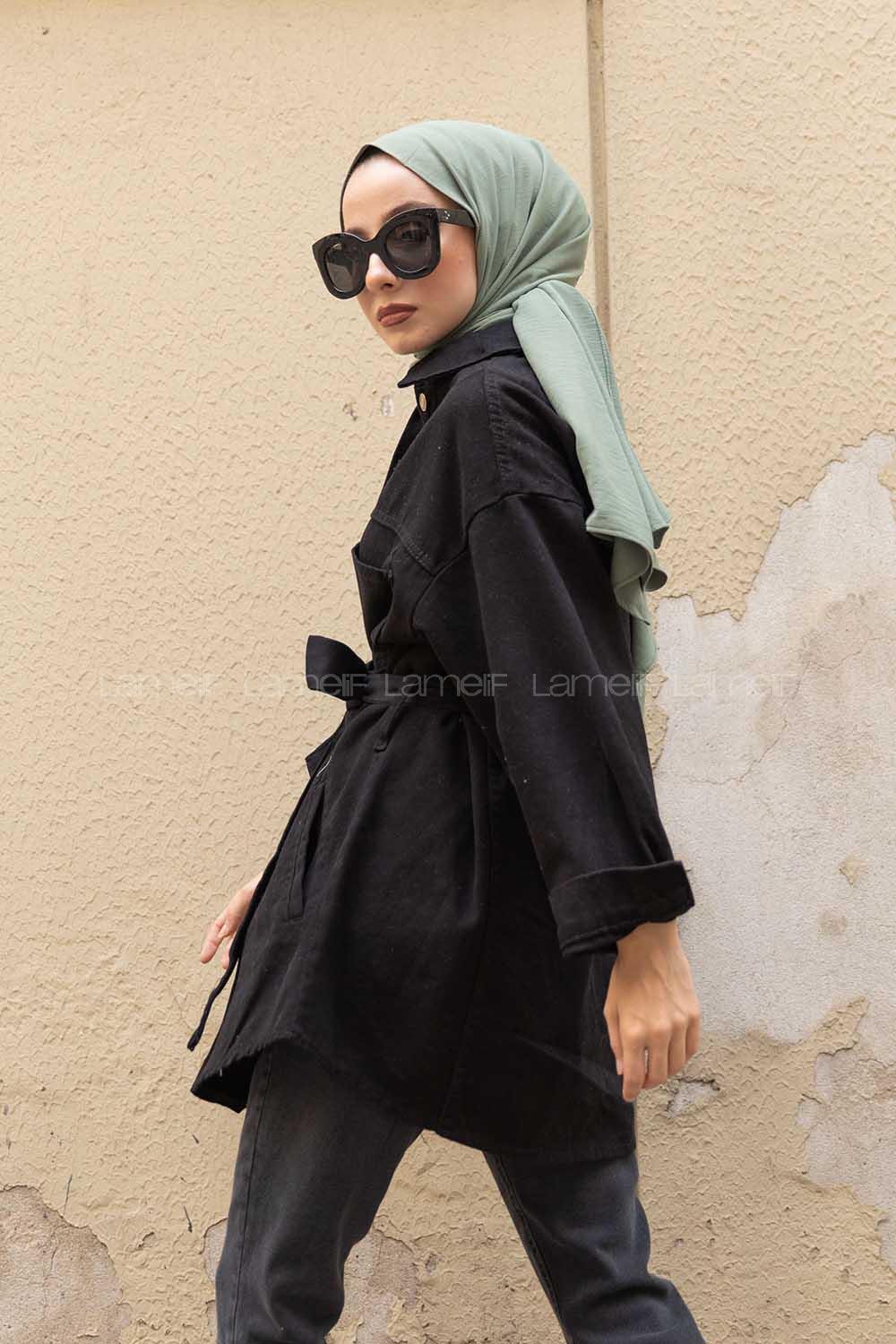 Modalamelif Yan Cep Kuşaklı Kot Ceket Siyah