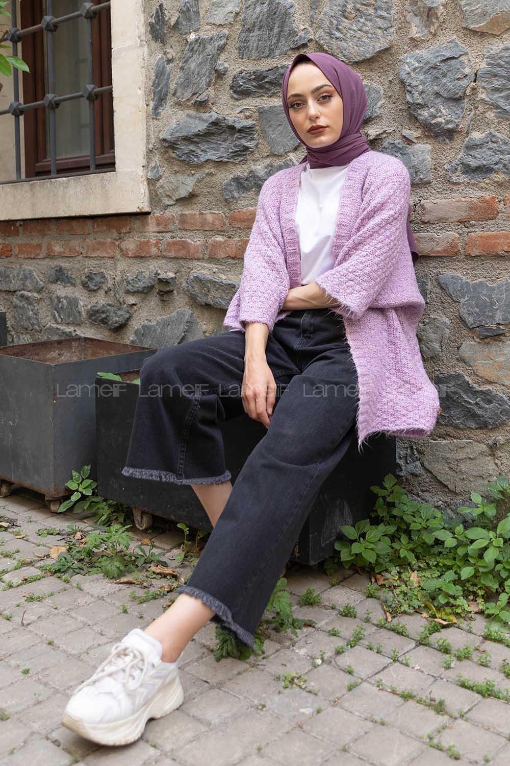 Modalamelif Yarasa Kol Triko Hırka Lila