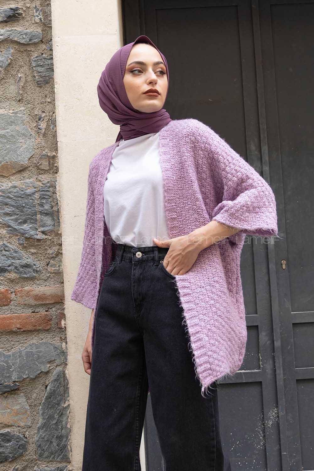 Modalamelif Yarasa Kol Triko Hırka Lila