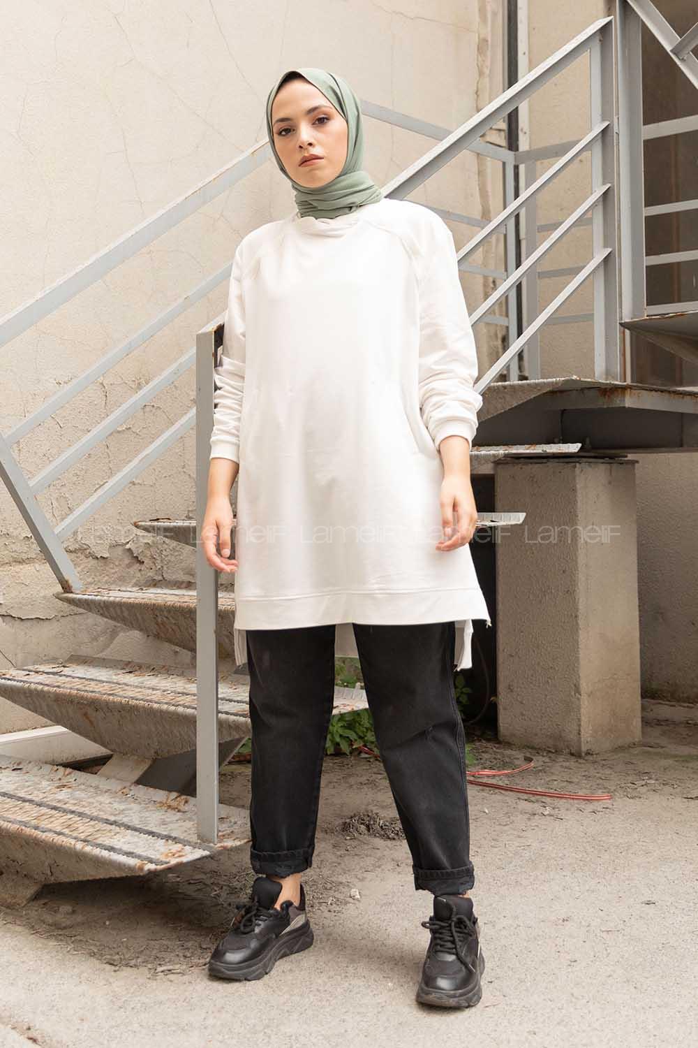 Modalamelif Önü Kaşkorse Detaylı Sweatshirt Beyaz