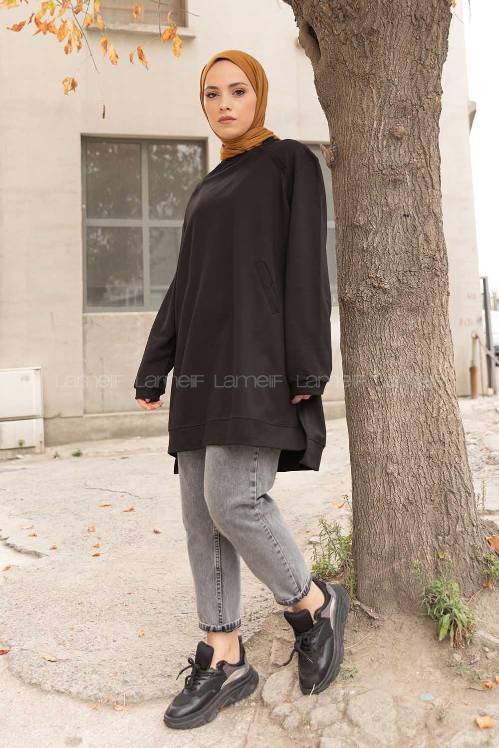 Modalamelif Önü Kaşkorse Detaylı Sweatshirt Siyah
