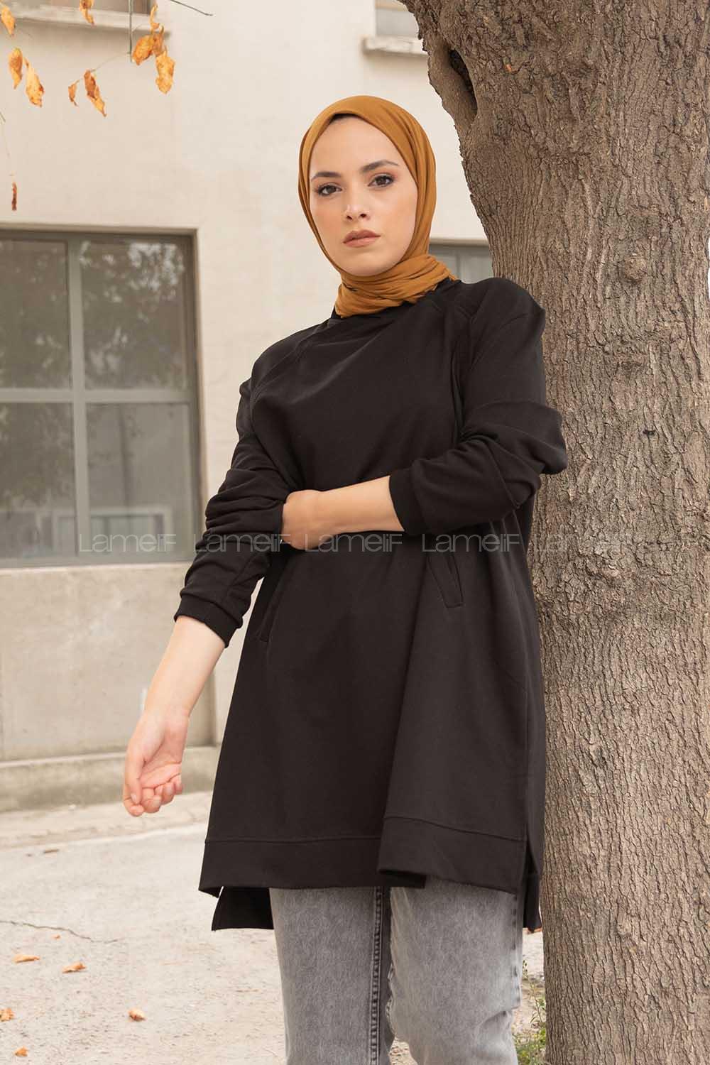 Modalamelif Önü Kaşkorse Detaylı Sweatshirt Siyah