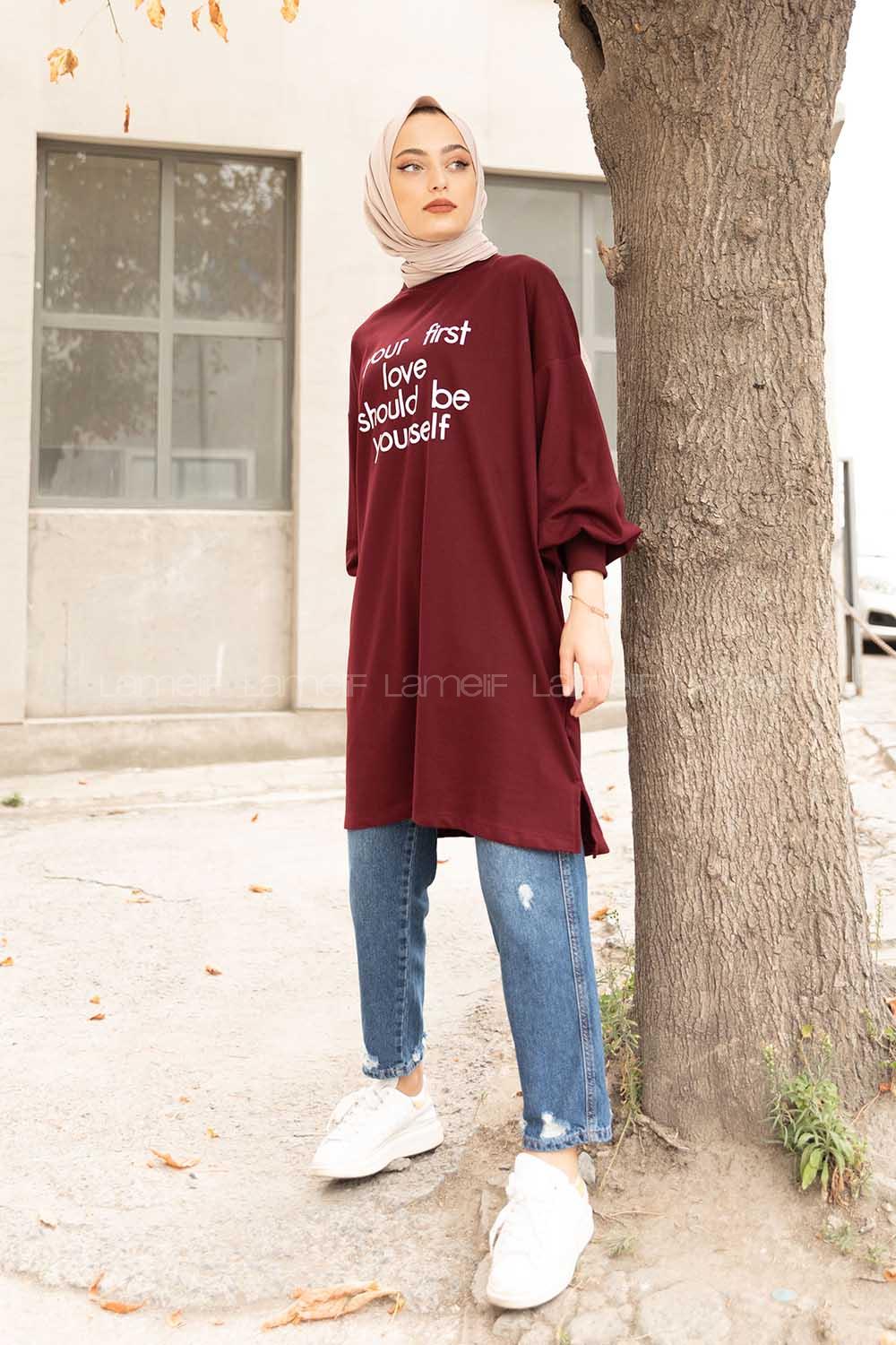 Modalamelif Balon Kol Love Tunik Acı  Bordo