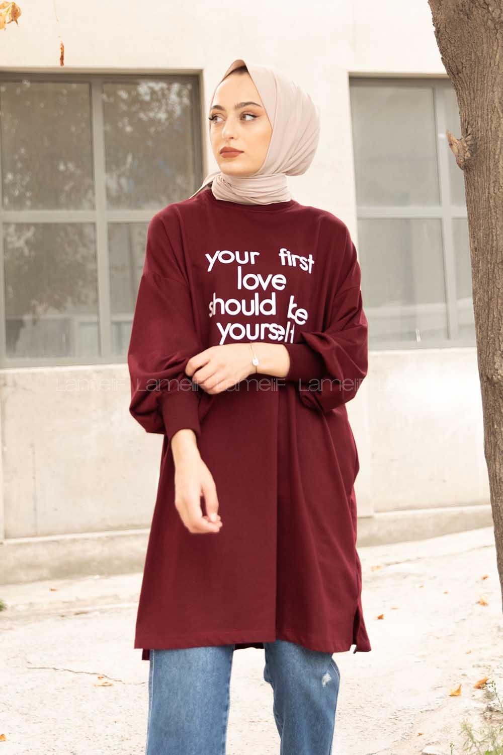 Modalamelif Balon Kol Love Tunik Acı  Bordo