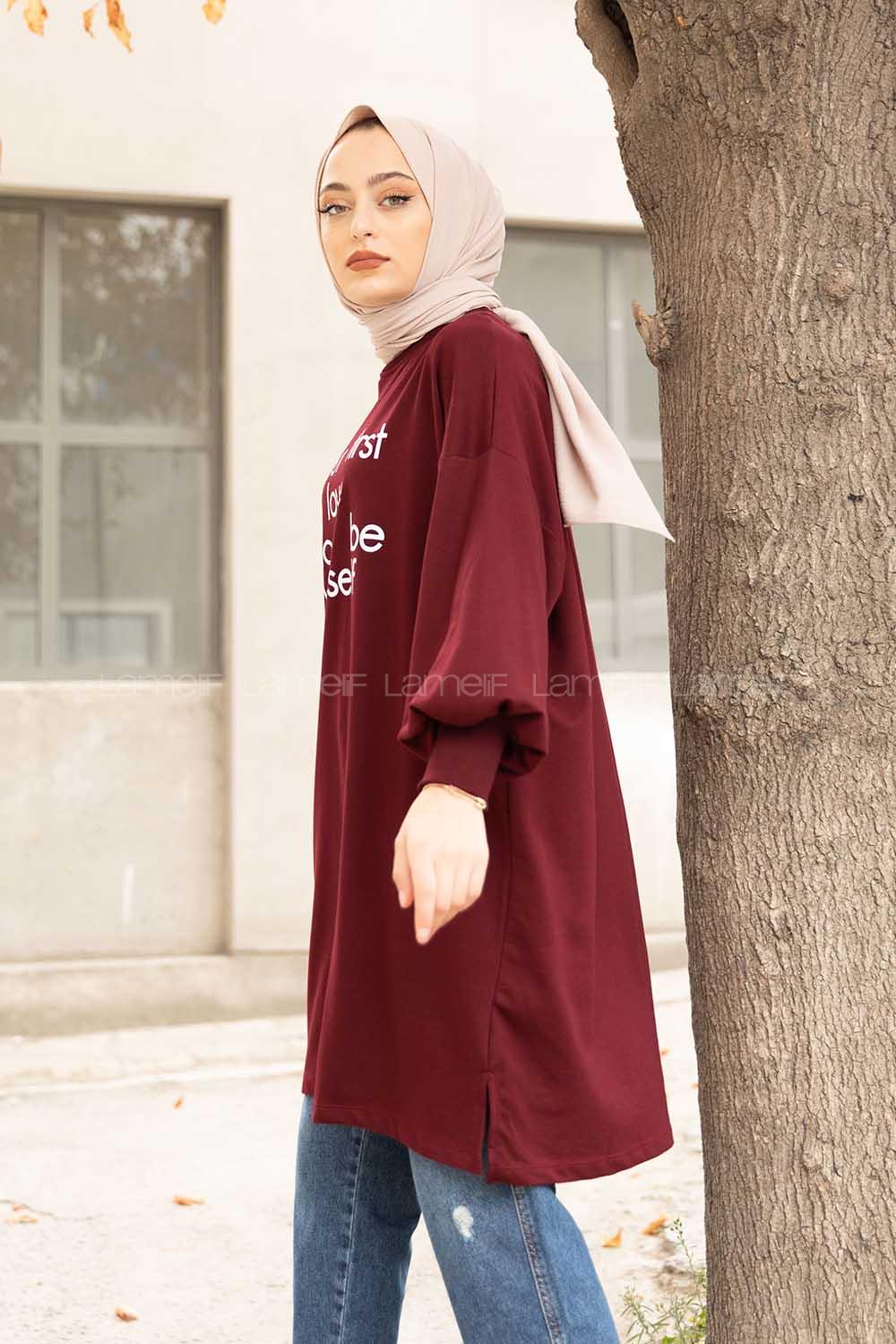 Modalamelif Balon Kol Love Tunik Acı  Bordo
