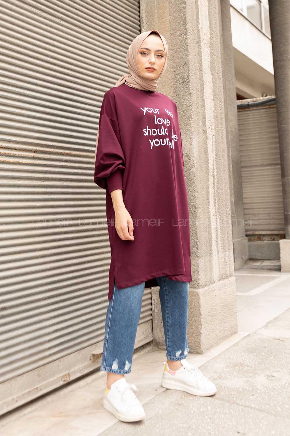 Modalamelif Balon Kol Love Tunik Patlıcan Moru