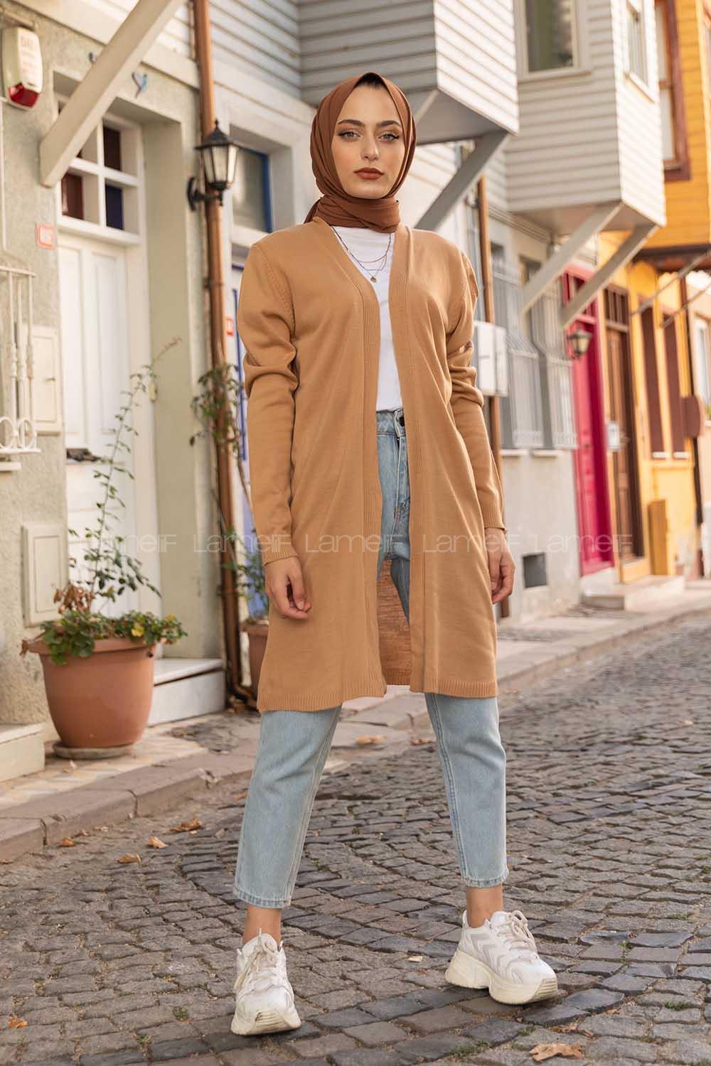 Modalamelif İnce Fitilli Uzun Hırka Camel