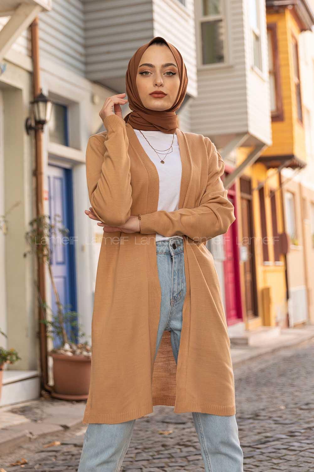 Modalamelif İnce Fitilli Uzun Hırka Camel