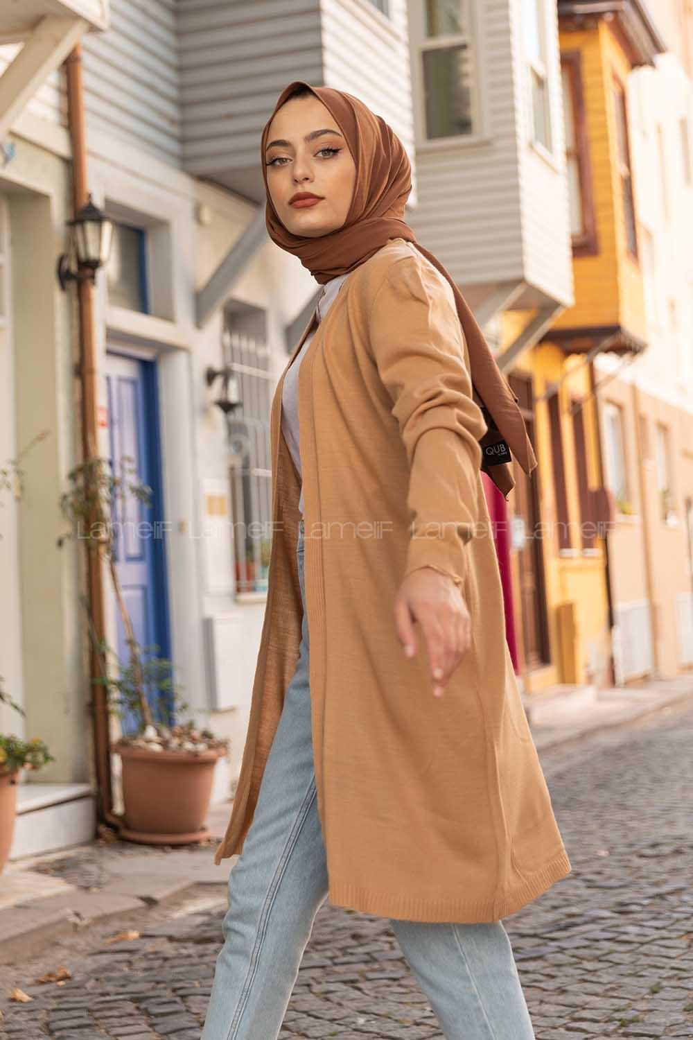 Modalamelif İnce Fitilli Uzun Hırka Camel