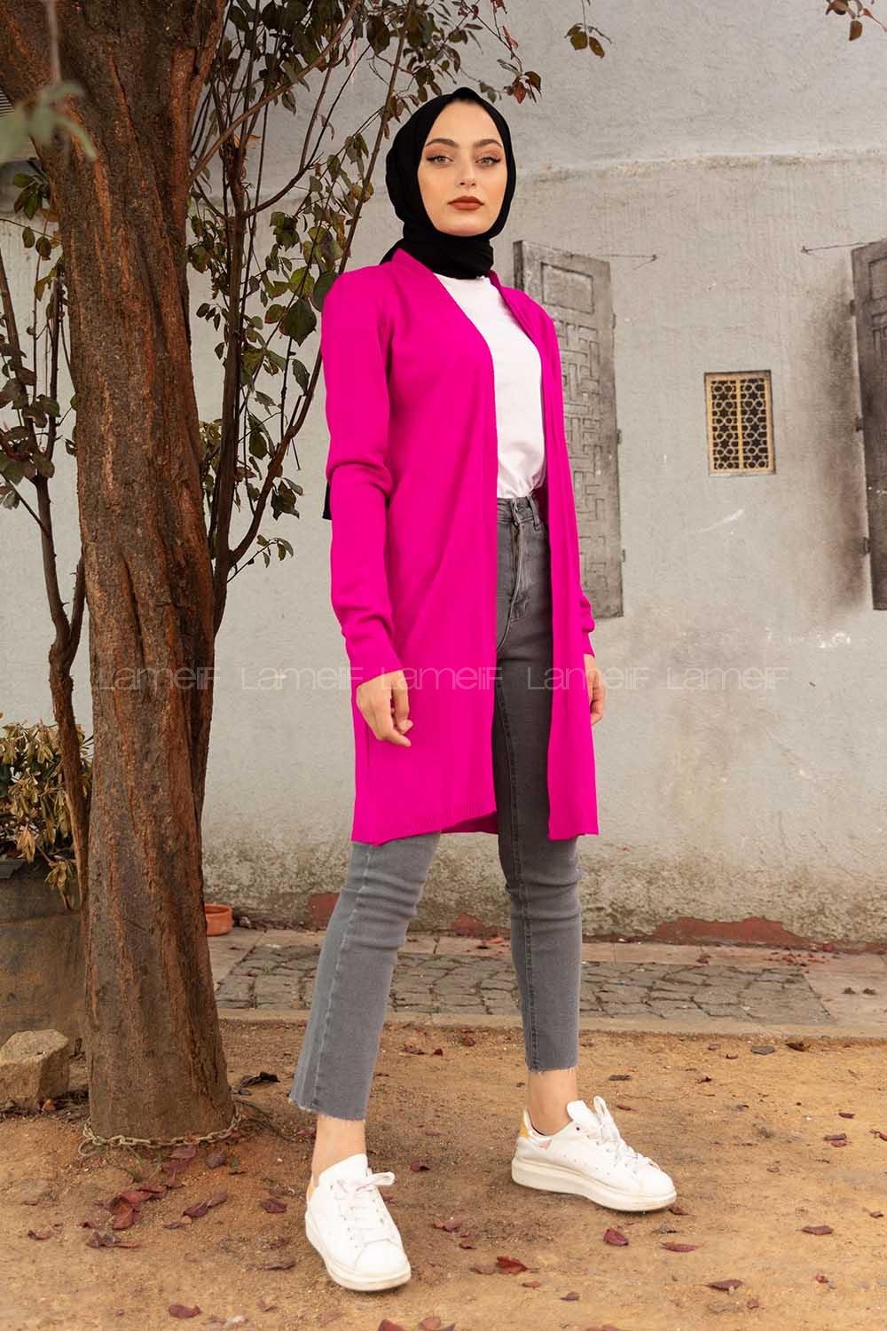 Modalamelif İnce Fitilli Uzun Hırka Fuşya