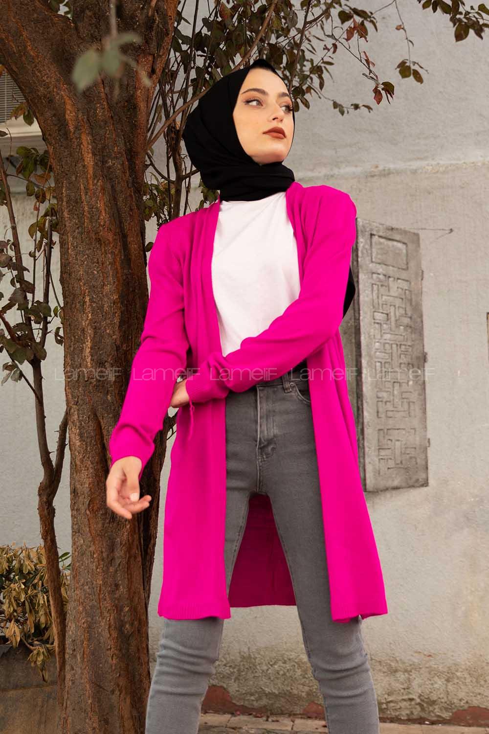 Modalamelif İnce Fitilli Uzun Hırka Fuşya