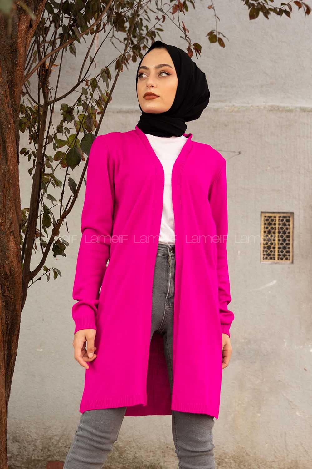 Modalamelif İnce Fitilli Uzun Hırka Fuşya