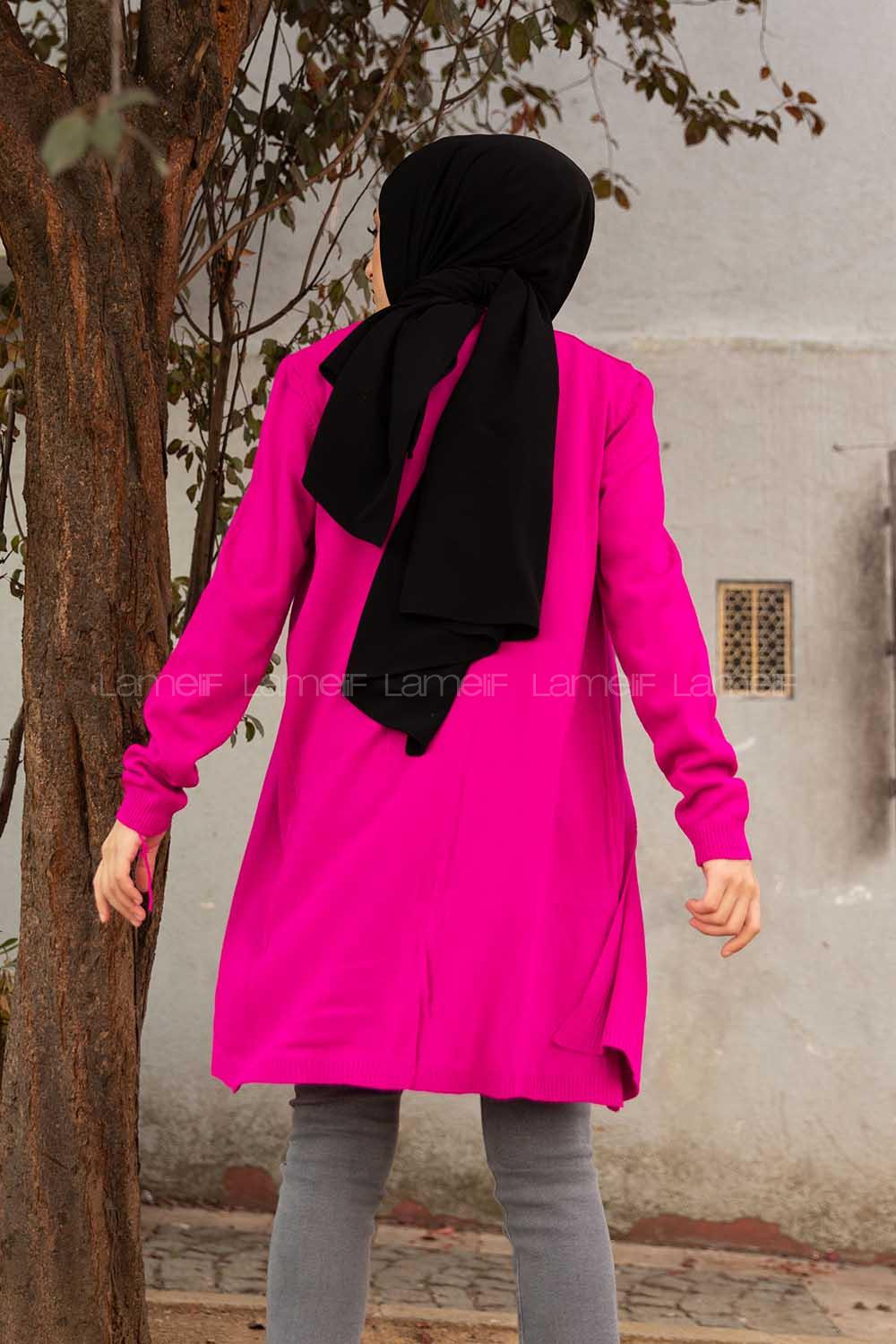 Modalamelif İnce Fitilli Uzun Hırka Fuşya