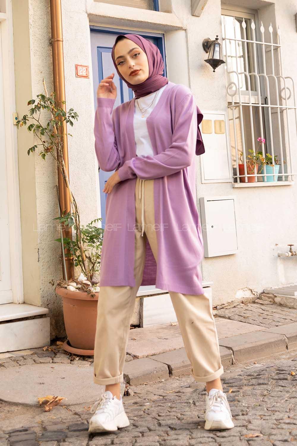 Modalamelif İnce Fitilli Uzun Hırka Lila