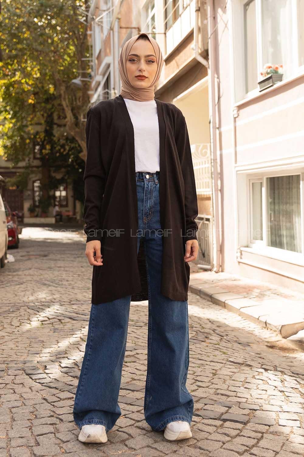 Modalamelif İnce Fitilli Uzun Hırka Siyah