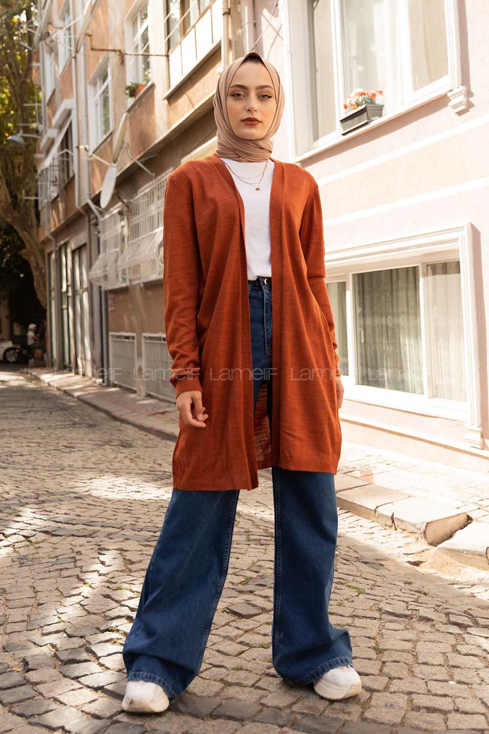 Modalamelif İnce Fitilli Uzun Hırka Tarçın