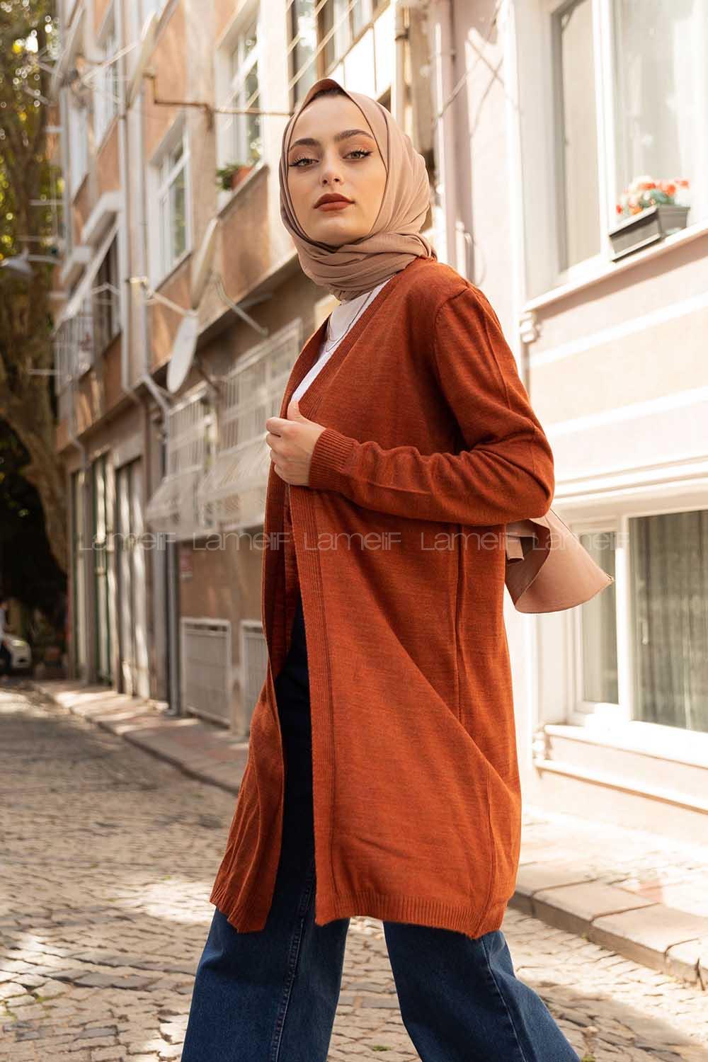 Modalamelif İnce Fitilli Uzun Hırka Tarçın