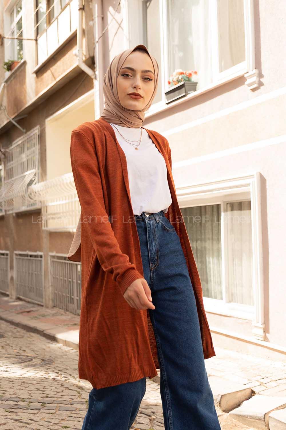 Modalamelif İnce Fitilli Uzun Hırka Tarçın