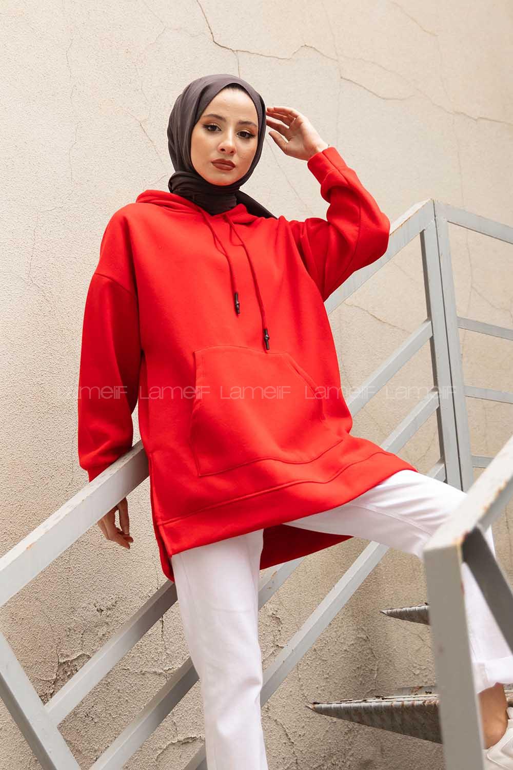 Modalamelif  Kanguru Cep Kapşonlu Sweatshirt Kırmızı