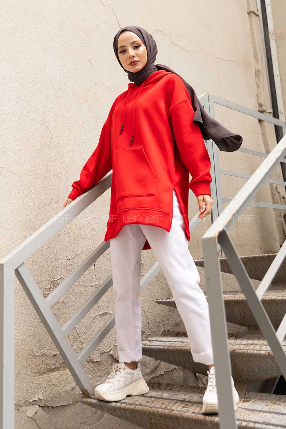 Modalamelif  Kanguru Cep Kapşonlu Sweatshirt Kırmızı