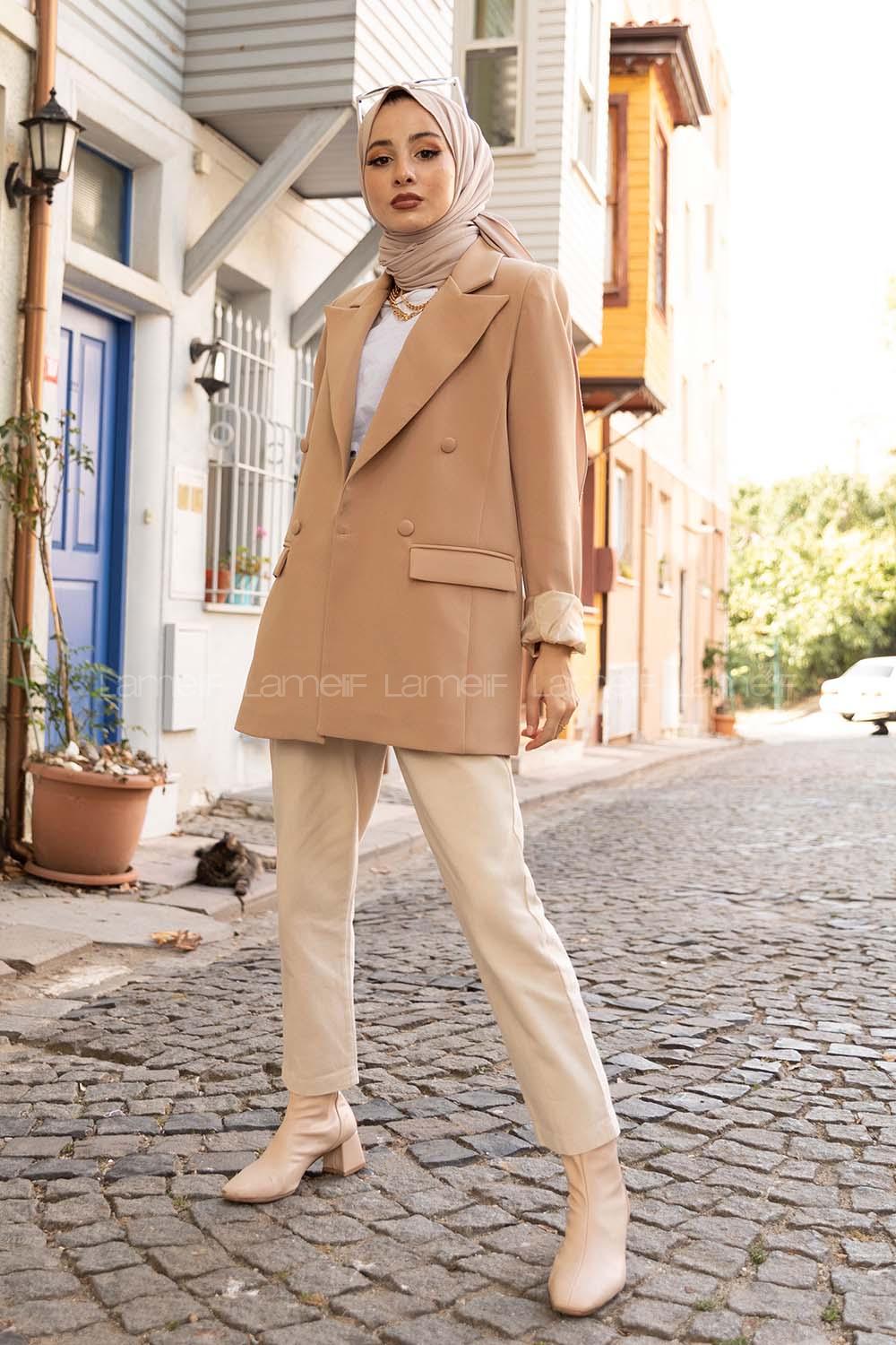 Modalamelif Kaplama Düğmeli Ceket Camel