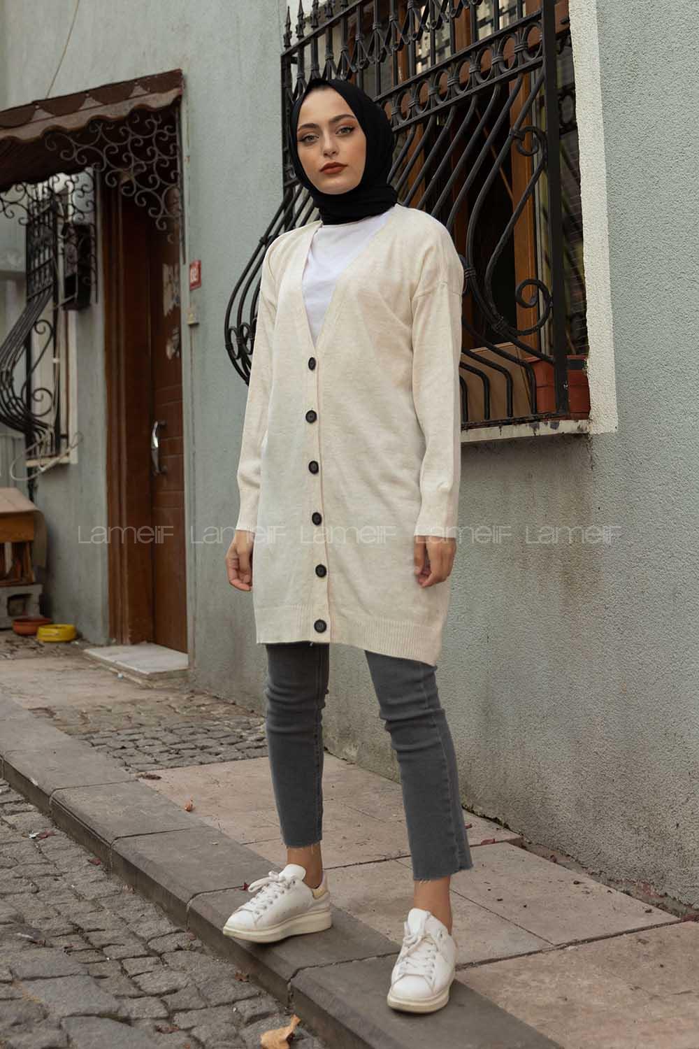 Modalamelif Ön Düğmeli İnce Fitilli Triko Hırka Ekru