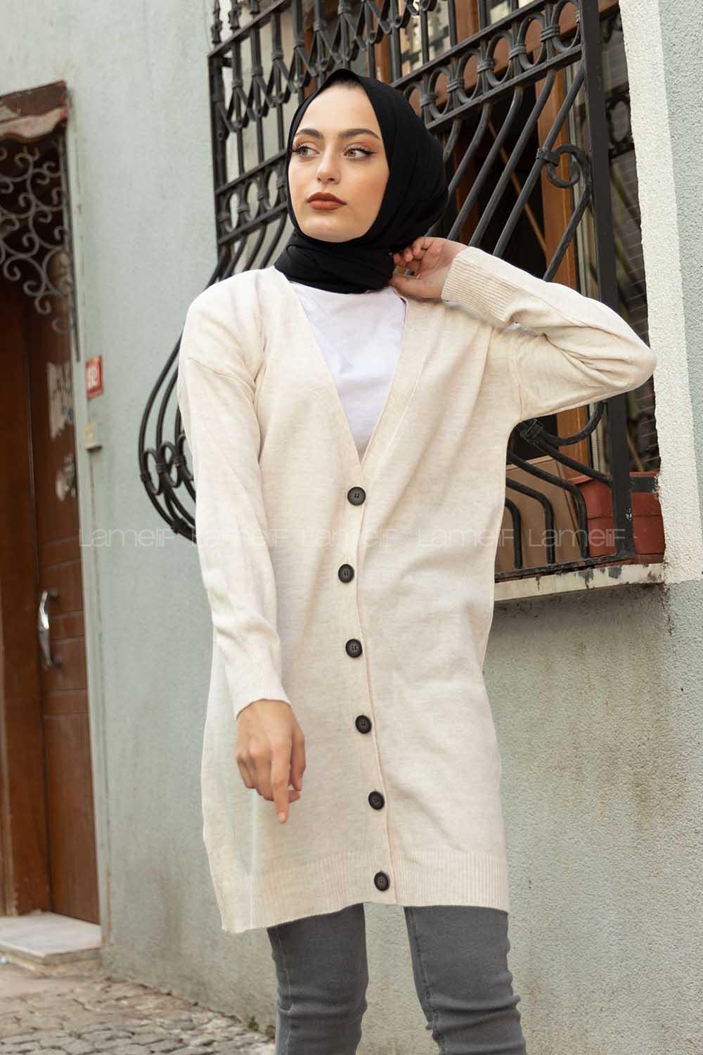 Modalamelif Ön Düğmeli İnce Fitilli Triko Hırka Ekru