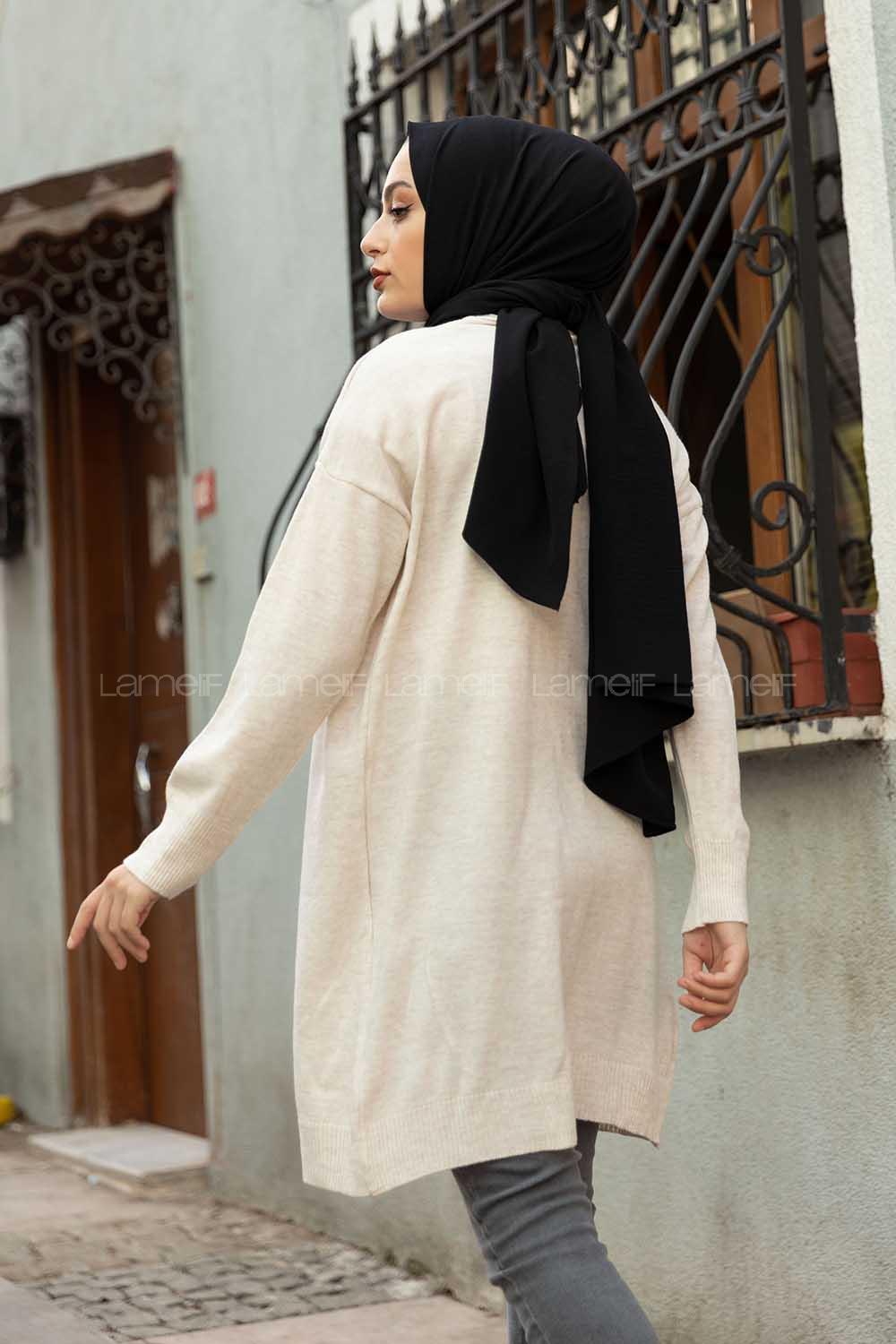 Modalamelif Ön Düğmeli İnce Fitilli Triko Hırka Ekru