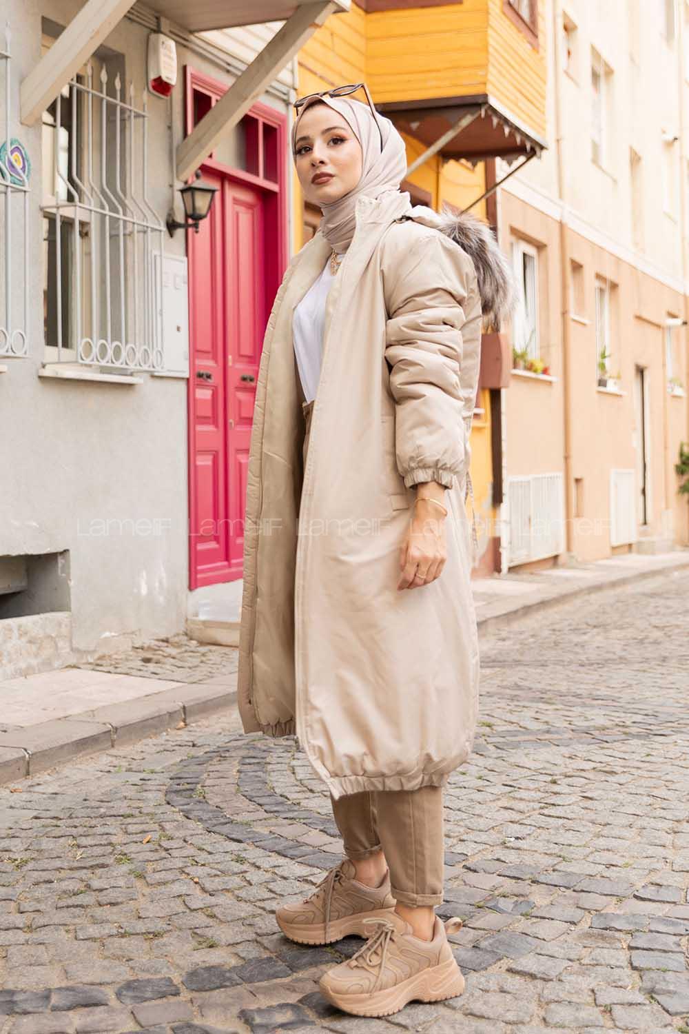 Modalamelif Önü Gizli Fermuarlı Kapşonlu Mont Taş Rengi