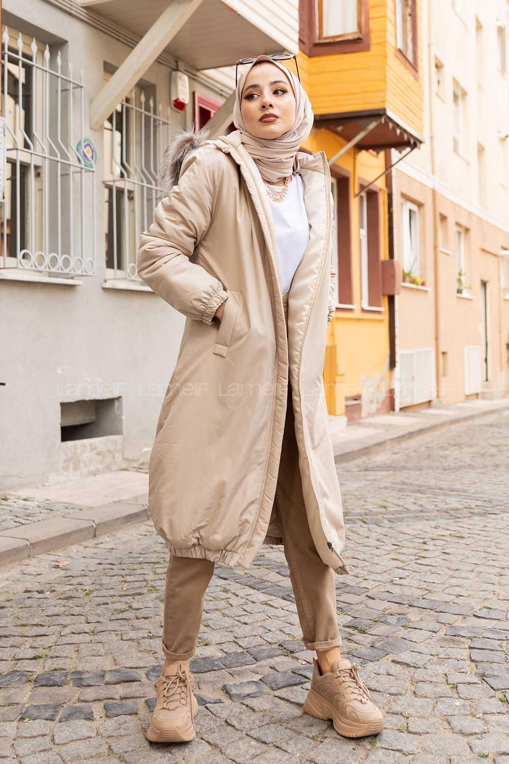 Modalamelif Önü Gizli Fermuarlı Kapşonlu Mont Taş Rengi